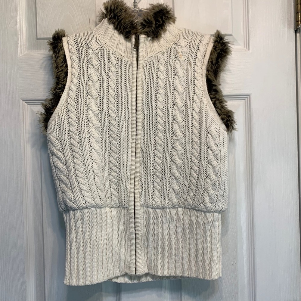 Cable Knit Faux Fur Lined Vest Size S Ivory Full Zip Sleeveless Cabin Mountain